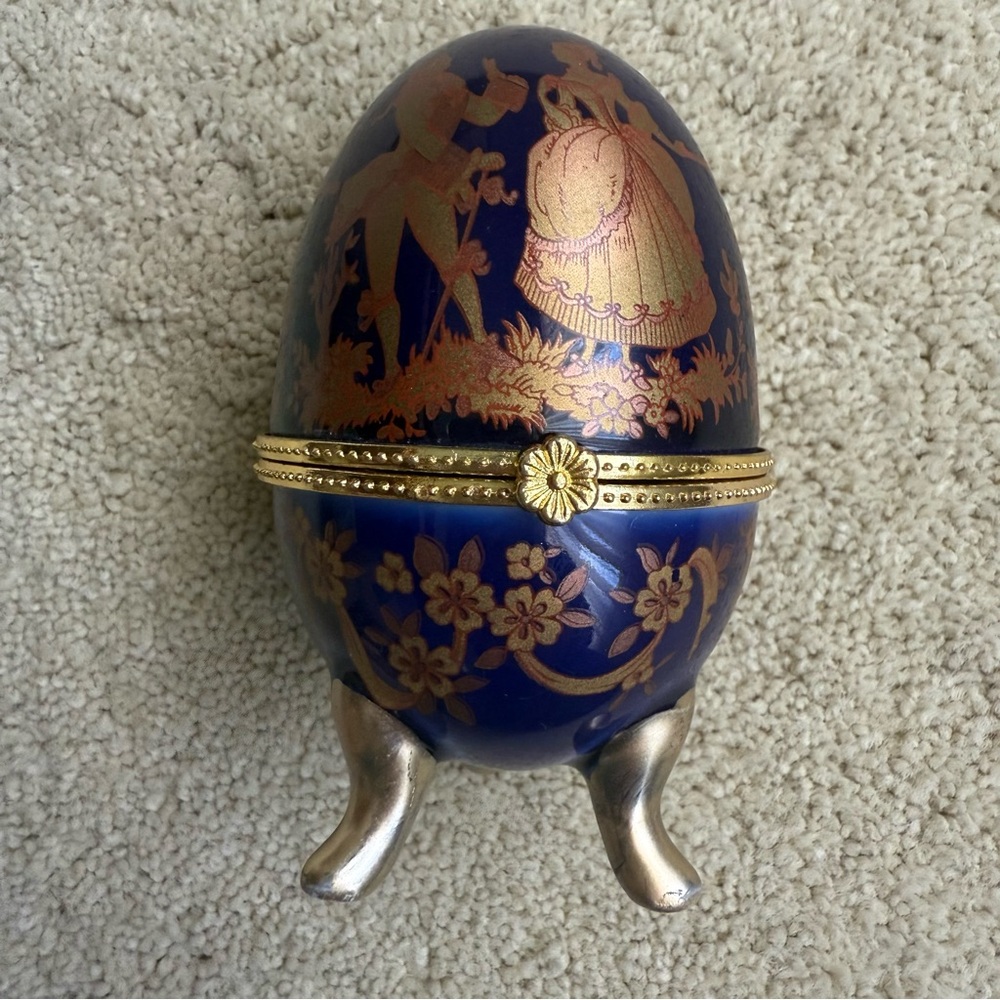 Egg Shaped Trinket Box Cobalt Blue Gold Porcelain French Man Woman Courting